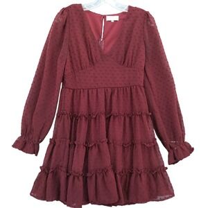 Altar'd State Burgundy Dress Swiss Dot Tiered Long Sleeve Sz‎ M Whimsigoth